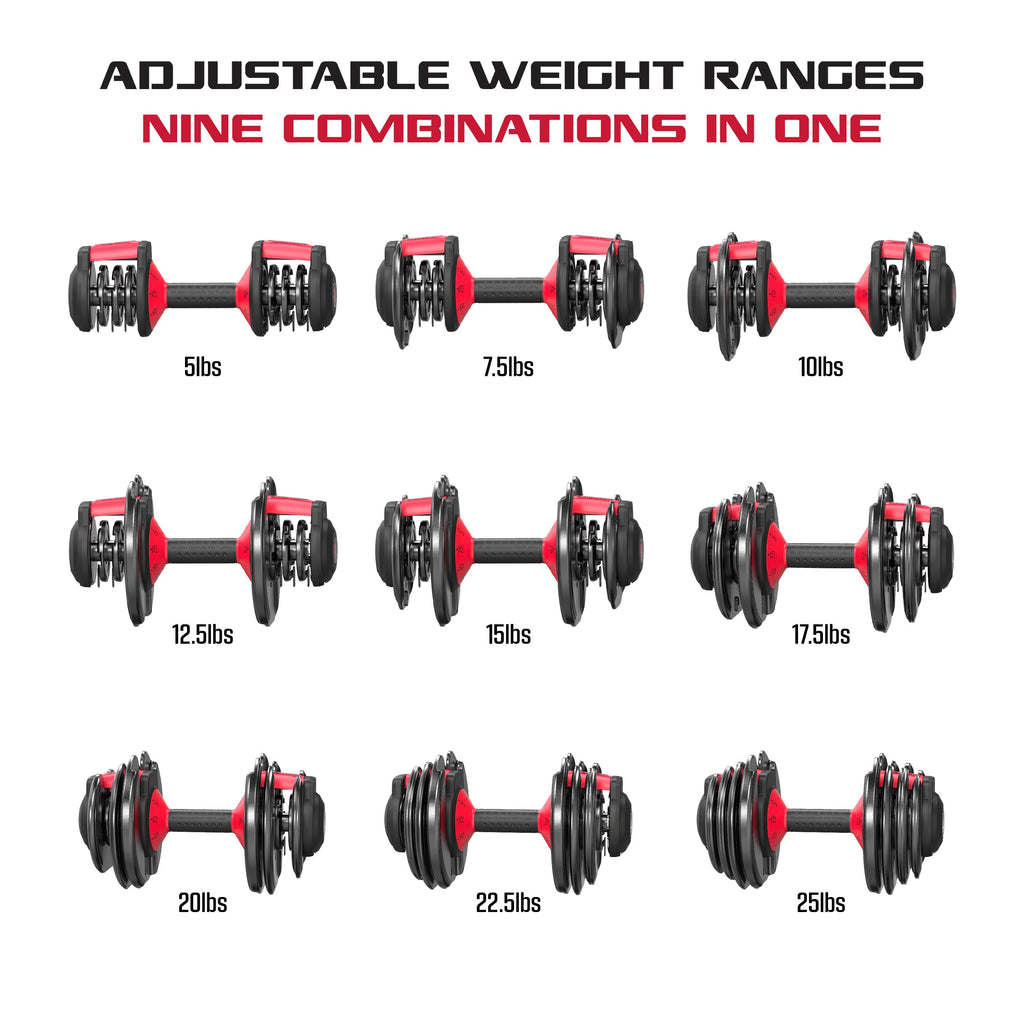 Adjustable Dumbbell Set, 2-Pack 25 lb Smartbell with 9-in-1 Quick-Select Weight Adjustments in 2.5 lb Increments for Home Gym Use
