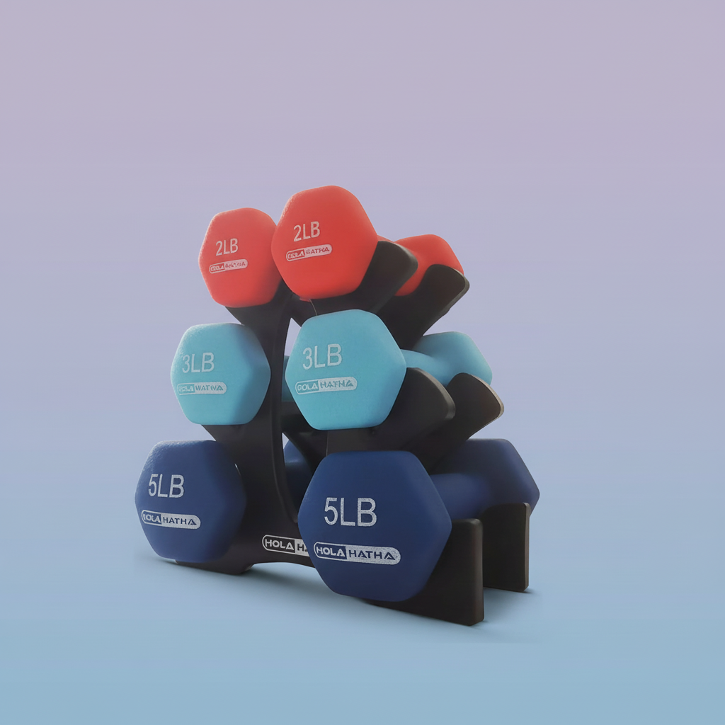 Neoprene Dumbbell Free Weight Set with Rack with lighter purple-blue gradient background
